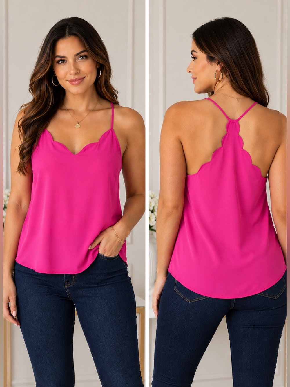 J Crew Fuchsia Pink Scalloped Racerback Cami Tank Top Blouse Size 14